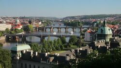 Bridges span the Vltava River in Prague. Stock Footage