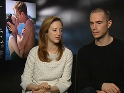 INTERVIEW: Andrea Riseborough and James D'Arcy on the rumours in the news at the time of the abdication at The W.E. Interview London, on January 10th 2012 (Footage by Getty/Wire) Stock Footage