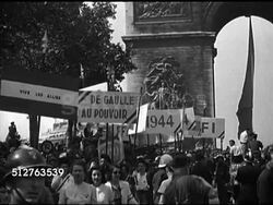 1942: PARIS, FRANCE: HA XWS City w/ la Tour d'Eiffel (Eiffel Tower) distant. 1944: People carrying liberation signs. MS General Eisenhower shaking hands w/ Free French General Marie Pierre Koenig, General Omar Bradley (in glasses) BG. Instructional Video