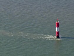 AERIAL MS View of small light house in ocean / Cuxhaven, Schleswig-Holstein, Germany Stock Footage
