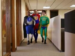 MS PAN Three men dressing as superheroes walking towards in discussion before coming to agreement and parting ways after shaking hands with one another / Seattle, Washington, United States  Stock Footage