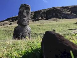 Dolly shot: Moais on Rano Raraku Stock Footage