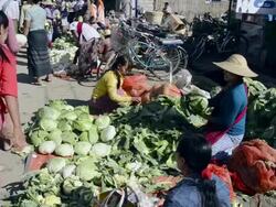MS View of Woman selling vegetables at Local Market / Nyaungshwe, Shan State, Myanmar Stock Footage