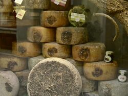 MS Shot of Pecorino cheese in shop window / Pienza, Tuscany, Italy Stock Footage