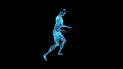 A glowing blue skeletal image performs karate moves against a black screen. Stock Footage