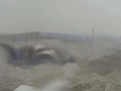 Fishing Boat Sinks In Hurricane Storm Surge Stock Footage