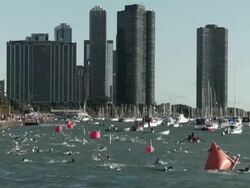 WS triathlon swim competition with city view / Chicago, Illinois, USA Stock Footage