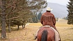 SLO MO Rancher riding on his horse across countryside Stock Footage