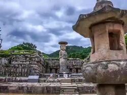 Shot of Mireukliseokjoyeolaipsang(Standing Stone Statue, Korea Treasure 96) in Mireukdaewonji(Korea Historic Place 197) Stock Footage