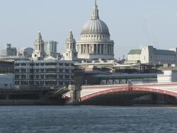 MS PAN River Thames from South Bank St Pauls Cathedral to gherkin building / London, United Kingdom   Stock Footage