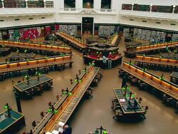 WS Bookshelves and reading room in state library / Melbourne, Victoria, Australia Stock Footage