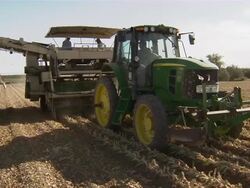 Close up of the tractor pulling the combine behind it, with truck collecting the onions alongside. Stock Footage