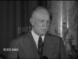 1948: NATIONAL ADVERTISERS CONVENTION: SPEECH: President of Columbia University General Dwight D. Eisenhower talking about telling the truth, MS Men in suits audience looking (L), truthful about anything said about United States. Instructional Video