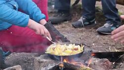 Woman fries a potato on a fire. Stock Footage