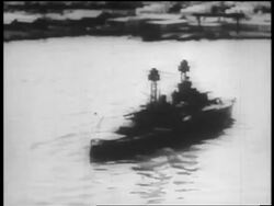 B/W Dec. 7 1941 AERIAL Japanese bomber passing ship after dropping bomb,  Pearl Harbor / newsreel Stock Footage
