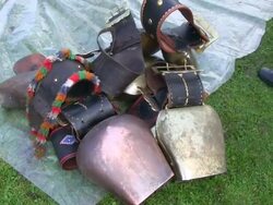 CU Shot of bells in Viehscheid at Schollang near Oberstdorf, ceremonial driving down of cattle from mountain pastures into valley in autumn at Allgau Alps / Oberstdorf, Bavaria, Germany Stock Footage