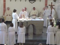 MS Shot of catholic mass at curch St. Marien Saarburg-Beurig, with cardinal Meisner, Cologne / Saarburg, Rhineland Palatinate, Germany Stock Footage