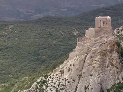 MS AERIAL Shot of Caudies-de-Fenouilledes with mountains / Languedoc Roussillon, France Stock Footage