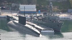 modern Russian submarine at the dock Stock Footage