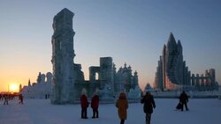 Spectacular illuminated ice sculptures at the Harbin Ice and Snow Festival in Heilongjiang Province, Harbin,  China Stock Footage