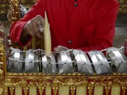 CU Gamelan musicians is playing traditional balinese Gamelan orchestra in asia AUDIO / Batubulan, Bali, Indonesia Stock Footage