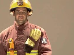 MS ZO WS Firefighter modeling on catwalk while audience applauds / London, England, UK Stock Footage