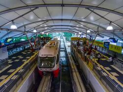 MS T/L View of Trains arriving and departing from KL Monorail station / Kuala Lumpur, Malaysia Stock Footage