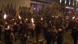 Ukrainians mark the 74th anniversary of (UPA) and the Day of Defender of Ukraine Stock Footage