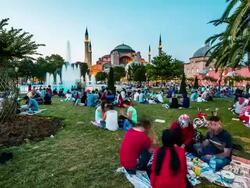 People celebrating Ramadan in front of Hagia Sophia Stock Footage