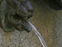 A stone lion's head spills a constant stream of water in  a New York City fountain. Stock Footage