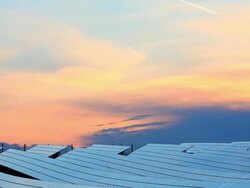 HD Solar Park at Sunset (Panning) Stock Footage
