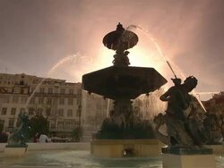 MS Fountain on Rossio Square at evening / Lisbon, Portugal Stock Footage