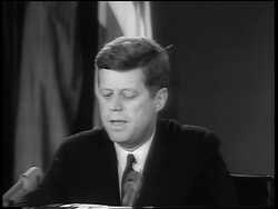 B/W 1962 close up President John F. Kennedy giving speech about Cuban Missile Crisis Stock Footage