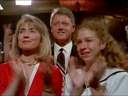 1992 low angle close up Clinton family smiling and clapping together Stock Footage