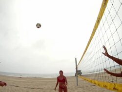WS POV SLO MO Women playing beach volleyball / Redondo Beach, California, United States Stock Footage