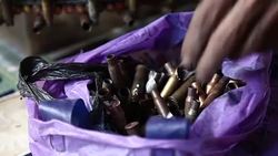 CLEAN : Syria artist welds rocket debris and cartridge into works of art News Clip