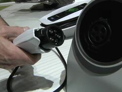 CU ZO ZI Charging port and connectors for Ford Motor Company electric car at Detroit Auto Show / Detroit, Michigan, USA Stock Footage