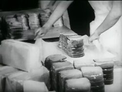 B/W 1934 close up hands of woman wrapping sandwiches in school lunch kitchen in WPA project / documentary Stock Footage