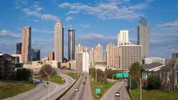 Elevated view over Freedom Parkway and the Downtown Atlanta skyline, Georgia, United States of America Stock Footage