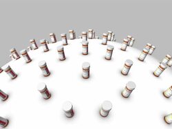 High angle rotation viewing many Pill Bottles around globe Stock Footage