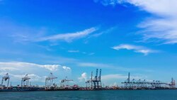 Industrial Container Cargo freight ship with working crane bridge Stock Footage