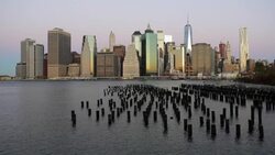 Skyscrapers of Manhattan from the Brooklyn Heights neighborhood, East river, New York, United States of America Stock Footage