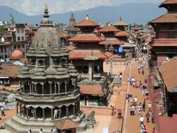 View of Pagodas and Temples in Patan square, Patan, Kathmandu, Nepal, Asia Stock Footage