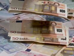 50 Euros Banknotes falling on Money, Slow motion Stock Footage