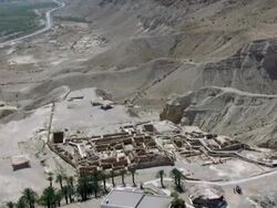 WS AERIAL POV ZI View of  wadi desert / Qumran,  Norrn Judea Desert, Israel Stock Footage