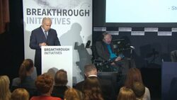 INTERVIEW - Stephen Hawking on if he believes on intelligent life in space at Breakthrough Initiatives Stock Footage