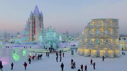Spectacular illuminated ice sculptures at the Harbin Ice and Snow Festival in Heilongjiang Province, Harbin,  China Stock Footage