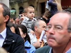 People photographing the procession in Holy week at the Semana Santa, Malaga, Andalucia, Spain, Europe Stock Footage