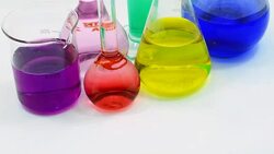 panning : much color of chemicals in different glassware Stock Footage