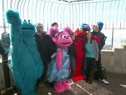 Cookie Monster, Abby Cadabby, Elmo and Grover with fans at Elmo, Cookie Monster, Grover And Abby Cadabby Visit The Empire State Building To Promote '1-2-3 Imagine! With Elmo & Friends' on 02/21/2012 in New York City, NY.   Stock Footage
